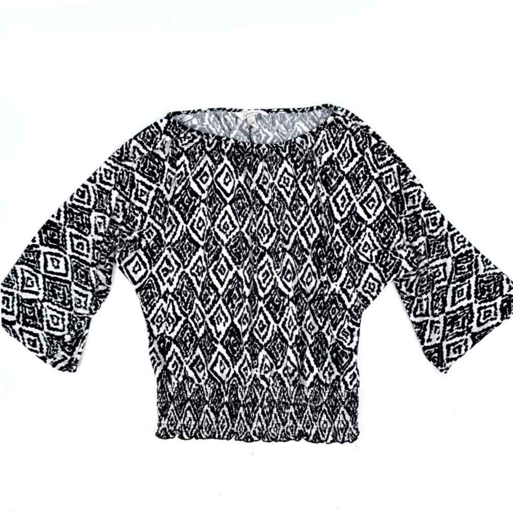 Speechless 90s Black White Diamond‎ Ikat Smocked Waist Dolman Bardot Top M Y2K